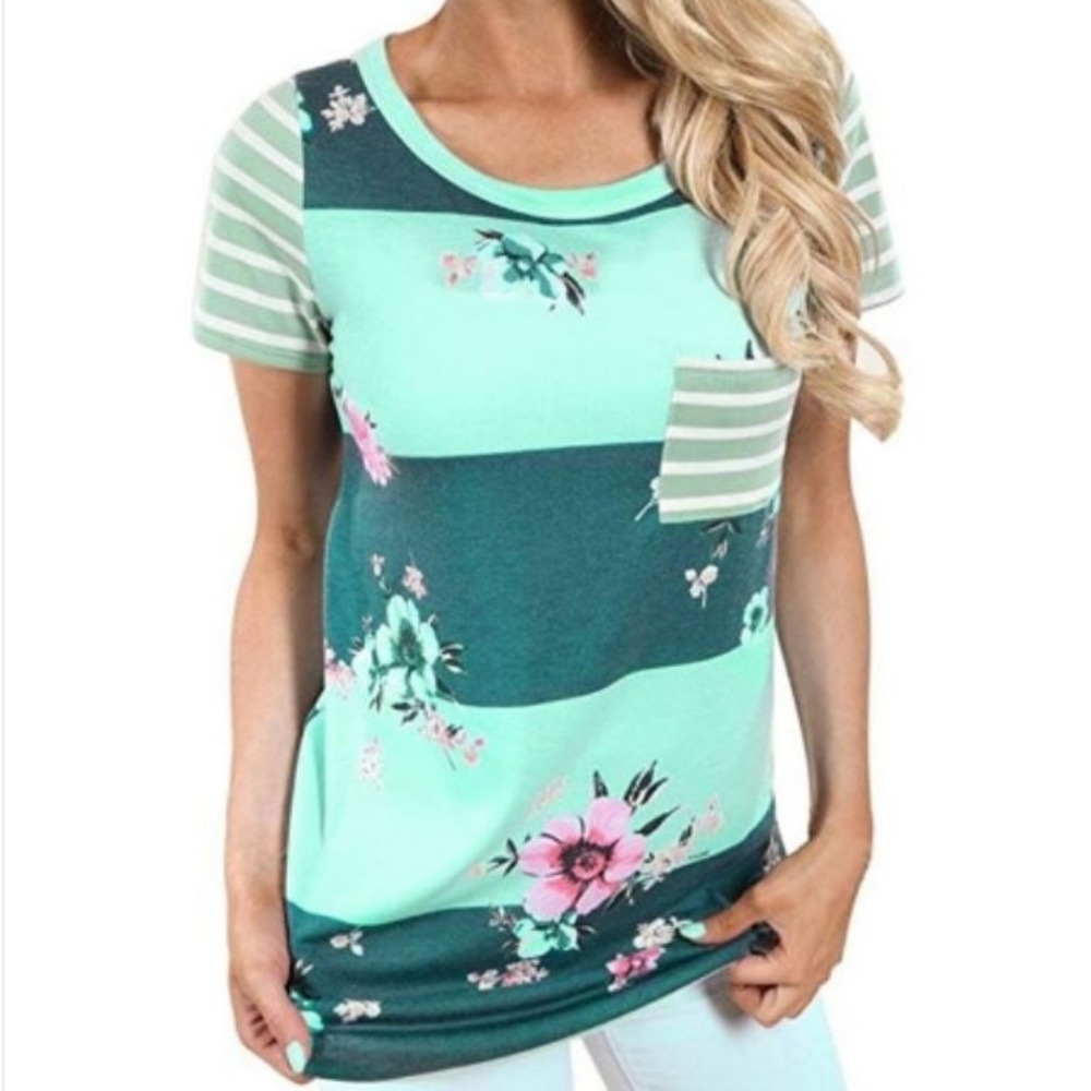 LAST ONE! Mint Floral & Striped Front Pocket Tee